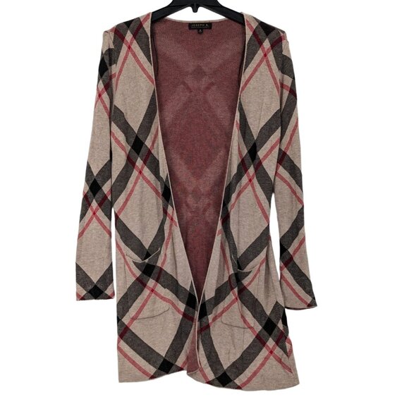 Joseph A Duster Cardigan Women Size S Plaid Patch Pockets Open Front Preppy Soft - Picture 1 of 10
